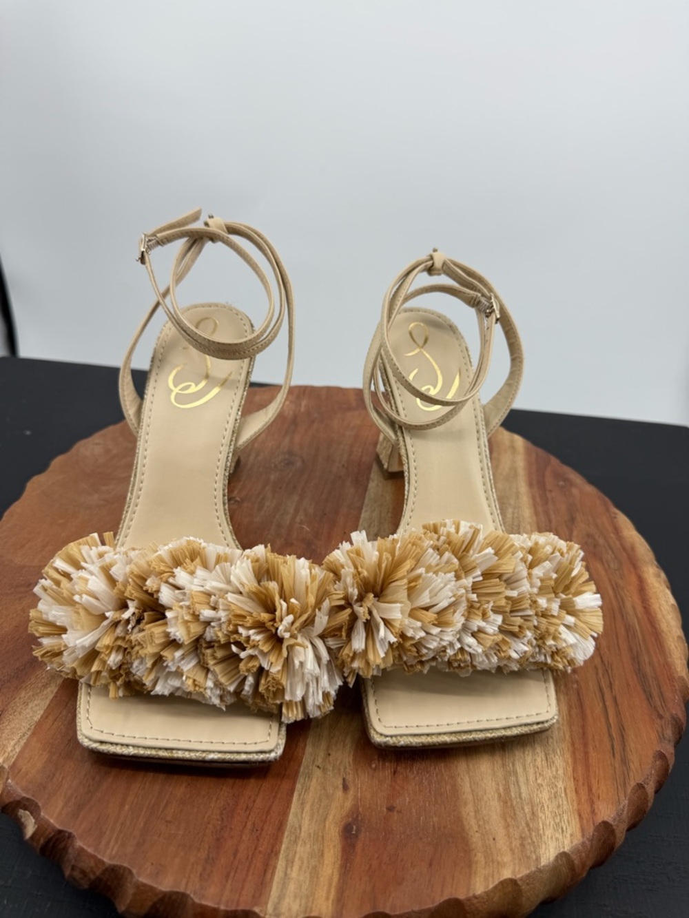 Sam Edelman Clare heel Sandals square toe raffia pom-pom ankle strap 6.5 - Picture 3 of 11